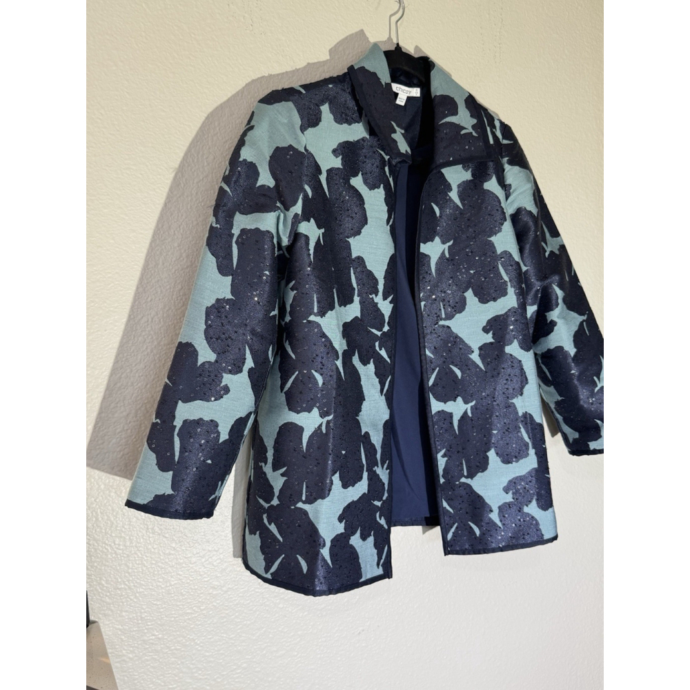 NOT FOR SALE SOLD Chico’s Travelers Jaquard Jacket Navy Teal Floral Open Front